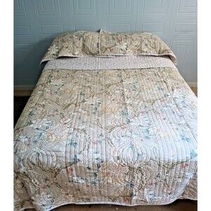Waverly Peony Gardens Quilt And Two Shams King Cotton Neutral Birds Reversible